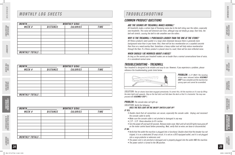 Monthly log sheets, Troubleshooting, Common product questions | Troubleshooting - treadmill | Horizon Fitness ELITE SERIES 4.2T User Manual | Page 18 / 21