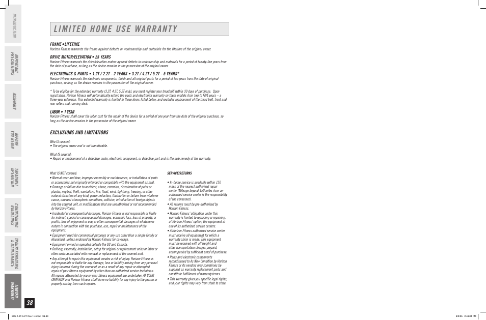 Limited home use warranty, Exclusions and limitations | Horizon Fitness ELITE SERIES 4.2T User Manual | Page 20 / 21