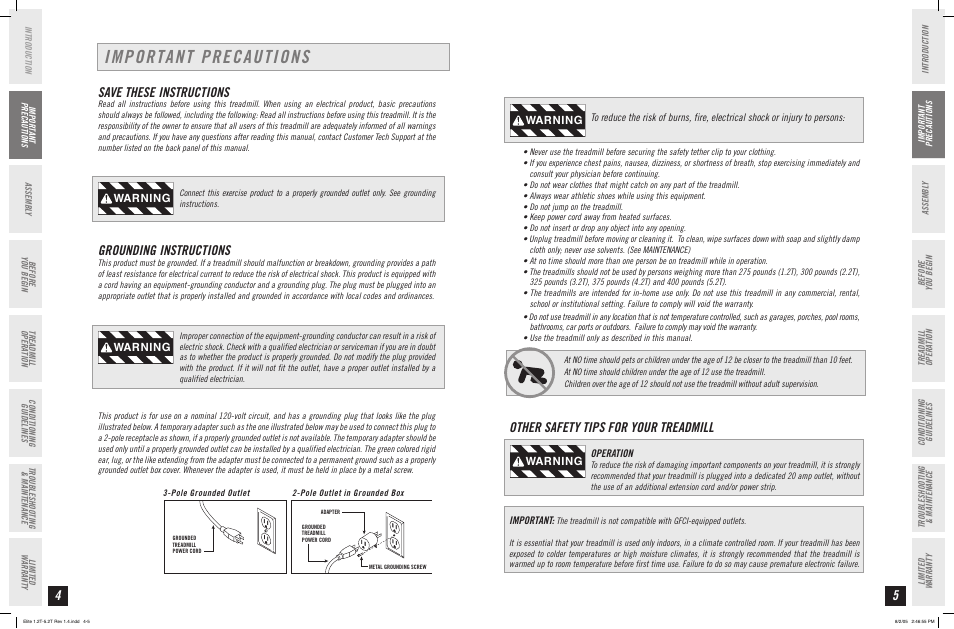 Important precautions, Save these instructions, Grounding instructions | Other safety tips for your treadmill, Warning | Horizon Fitness ELITE SERIES 4.2T User Manual | Page 3 / 21