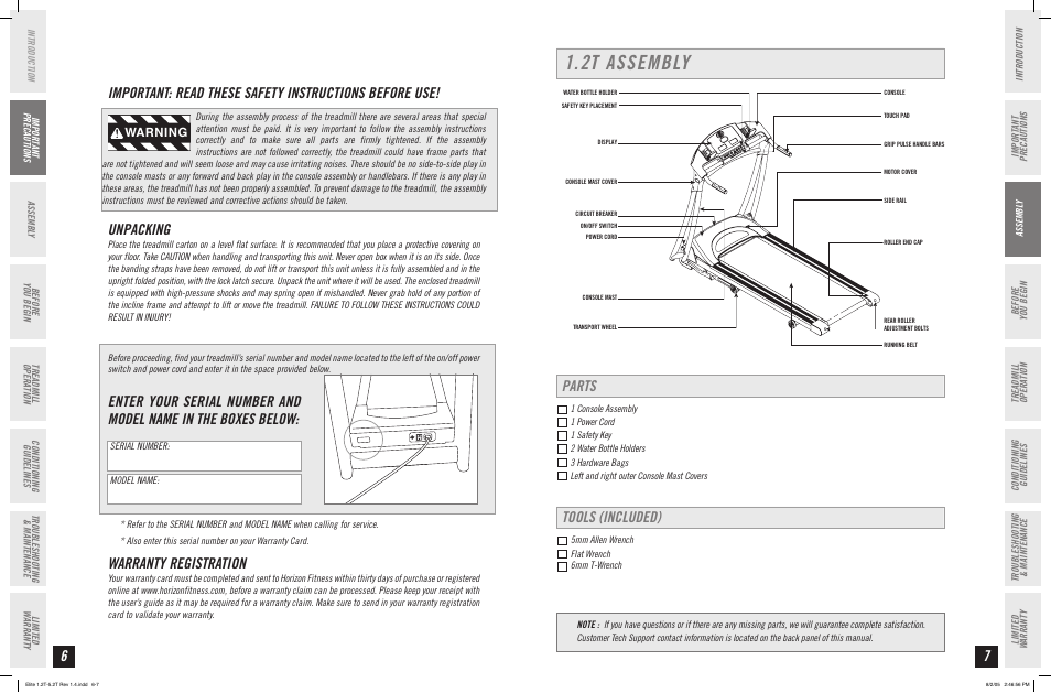 Warranty registration, Warning | Horizon Fitness ELITE SERIES 4.2T User Manual | Page 4 / 21