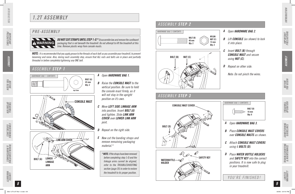 2t assembly, Assembly step 1, Assembly step 3 | Assembly step 2 pre-assembly, You’re finished, Warning | Horizon Fitness ELITE SERIES 4.2T User Manual | Page 5 / 21