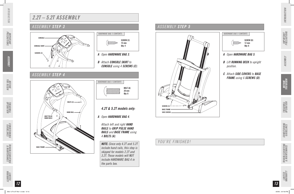 2t – 5.2t assembly, Assembly step 3, Assembly step 4 | Assembly step 5, You’re finished, 2t & 5.2t models only | Horizon Fitness ELITE SERIES 4.2T User Manual | Page 7 / 21