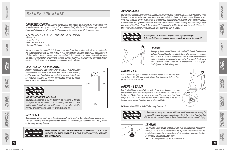 Before you begin, Proper usage, Folding | Moving - 1.2t, Moving - 2.2t-5.2t, Location of the treadmill, Safety key, Leveling, Do not stand on the belt, Warning | Horizon Fitness ELITE SERIES 4.2T User Manual | Page 8 / 21
