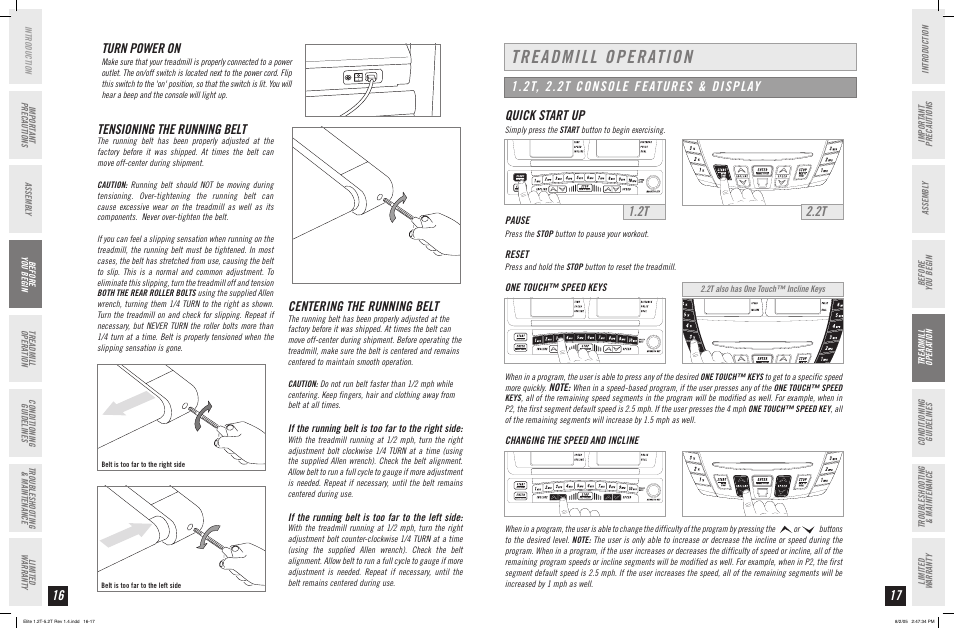 Treadmill operation, Quick start up, Centering the running belt | Tensioning the running belt | Horizon Fitness ELITE SERIES 4.2T User Manual | Page 9 / 21