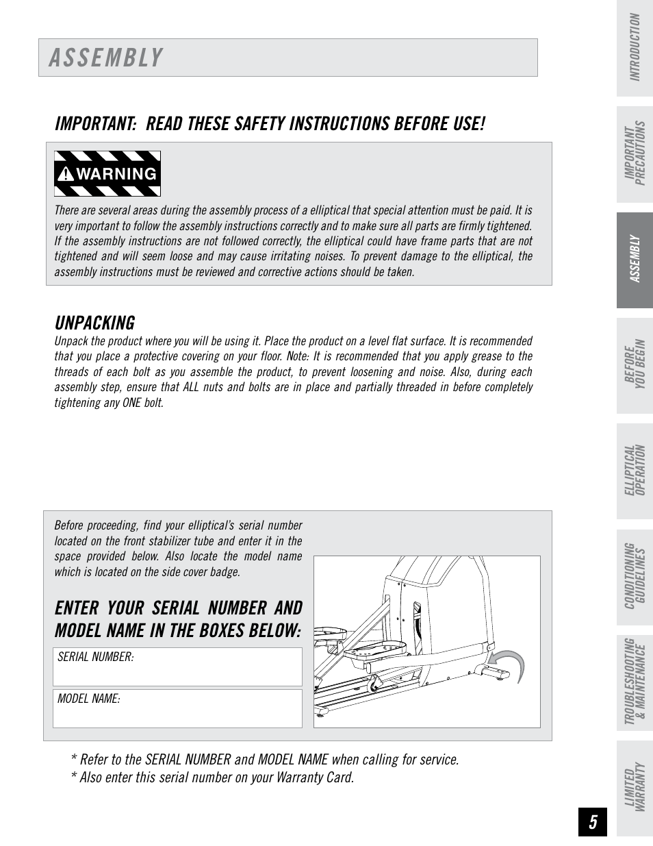 Assembly, Unpacking, Warning | Horizon Fitness HZ SERIES EX-44 User Manual | Page 5 / 40