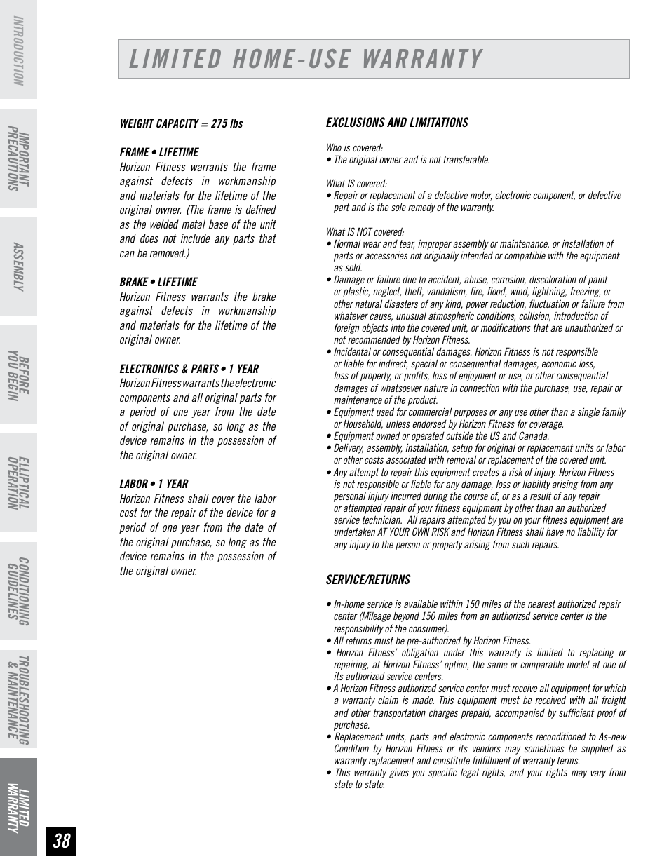 Limited home-use warranty | Horizon Fitness EX-66 User Manual | Page 38 / 40