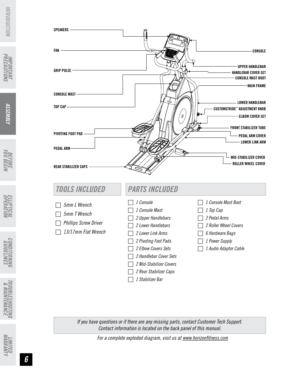 Tools included parts included | Horizon Fitness EX-66 User Manual | Page 6 / 40