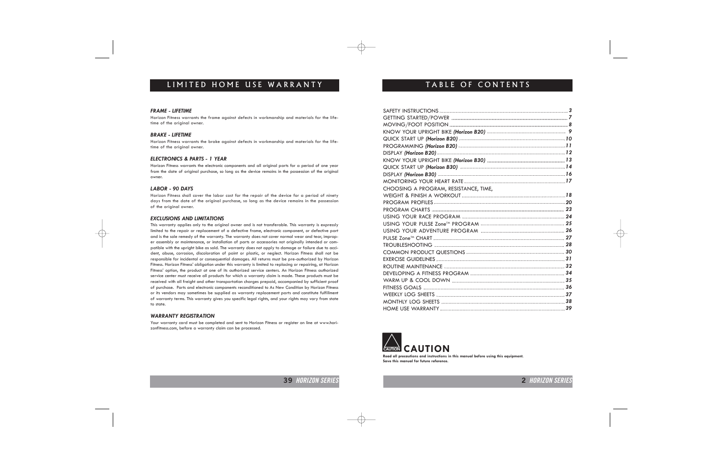 Caution, 2horizon series 39 horizon series | Horizon Fitness HORIZON B20 User Manual | Page 2 / 40