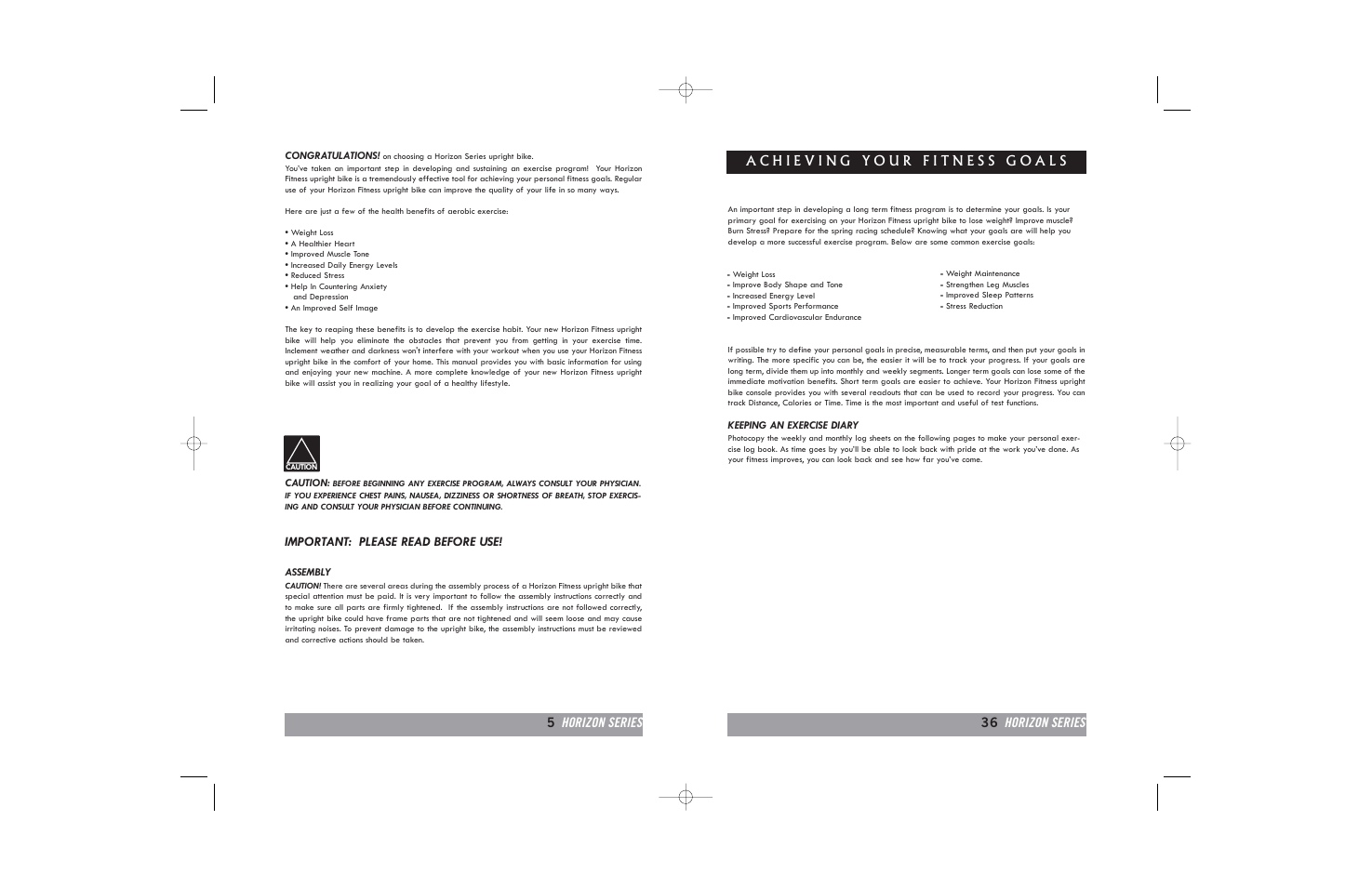 Important: please read before use, 5horizon series 36 horizon series | Horizon Fitness HORIZON B20 User Manual | Page 36 / 40