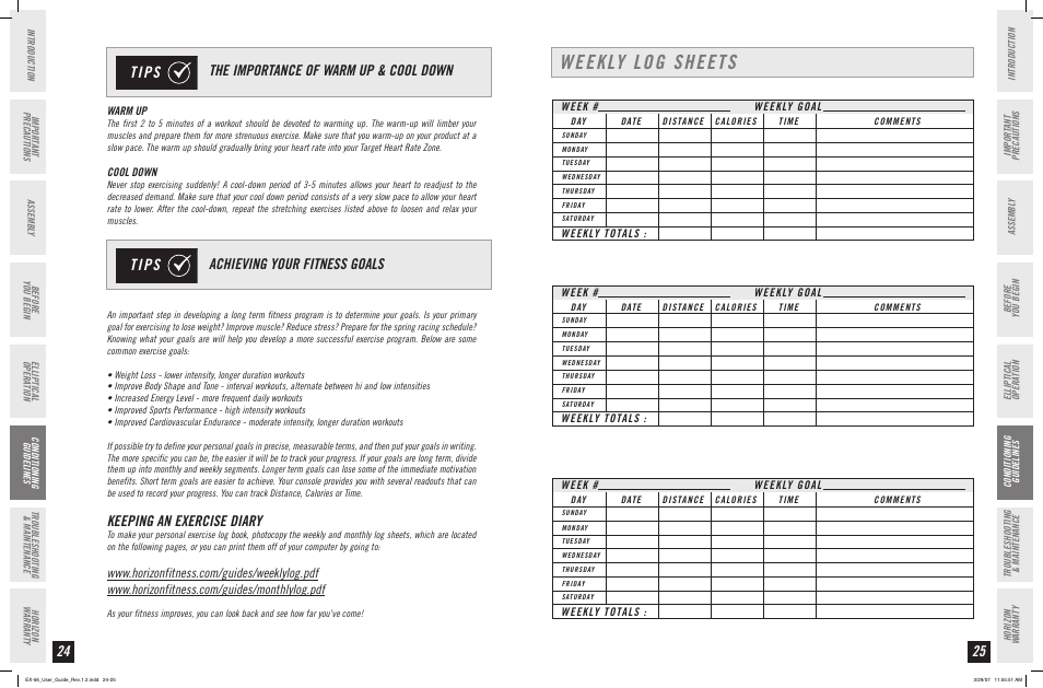 Weekly log sheets, Tips, Keeping an exercise diary | Horizon Fitness HORIZON SERIES EX-56 User Manual | Page 13 / 17