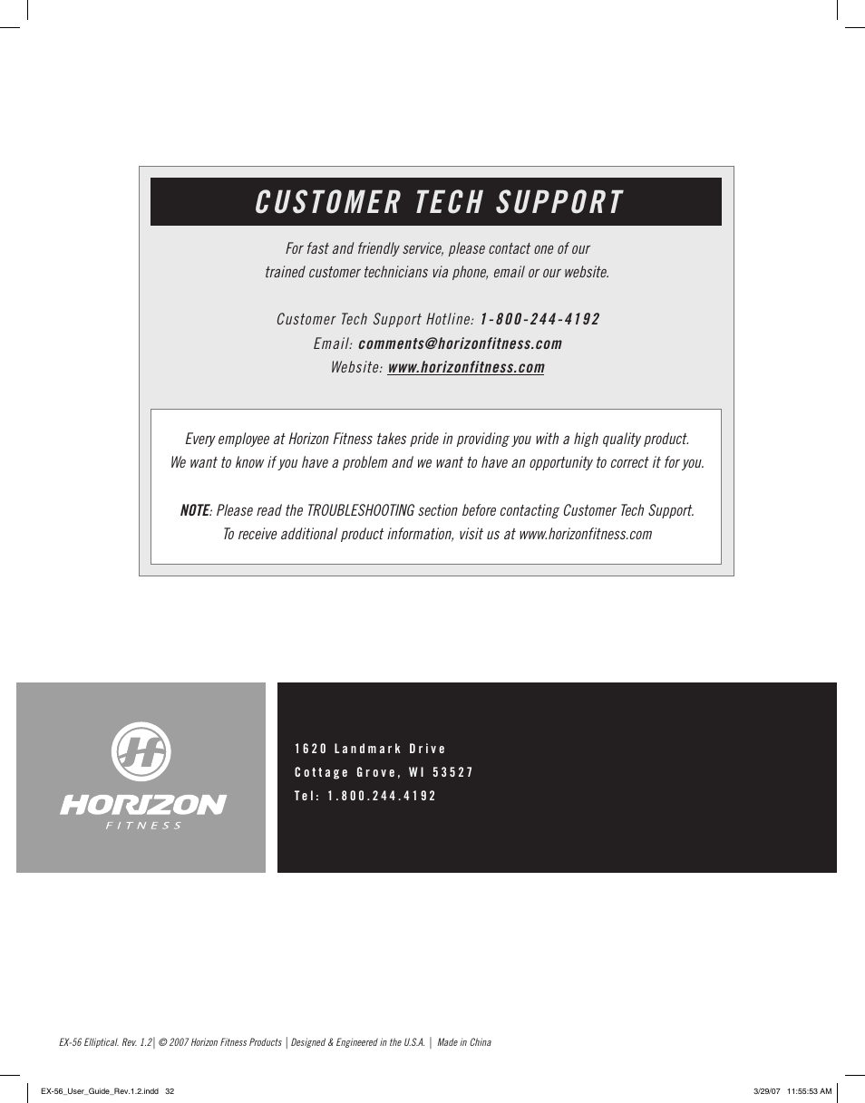 Customer tech support | Horizon Fitness HORIZON SERIES EX-56 User Manual | Page 17 / 17