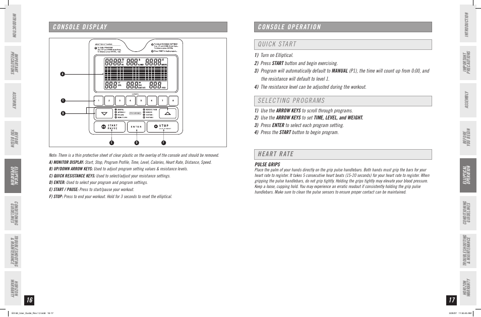 Console operation, Quick start, Heart rate | Console display, Selecting programs | Horizon Fitness HORIZON SERIES EX-56 User Manual | Page 9 / 17