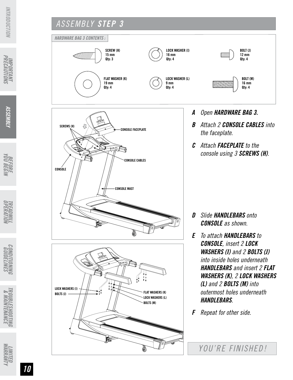 Assembly step 3, You’re finished | Horizon Fitness PERFORMANCE SERIES PST6 User Manual | Page 10 / 36