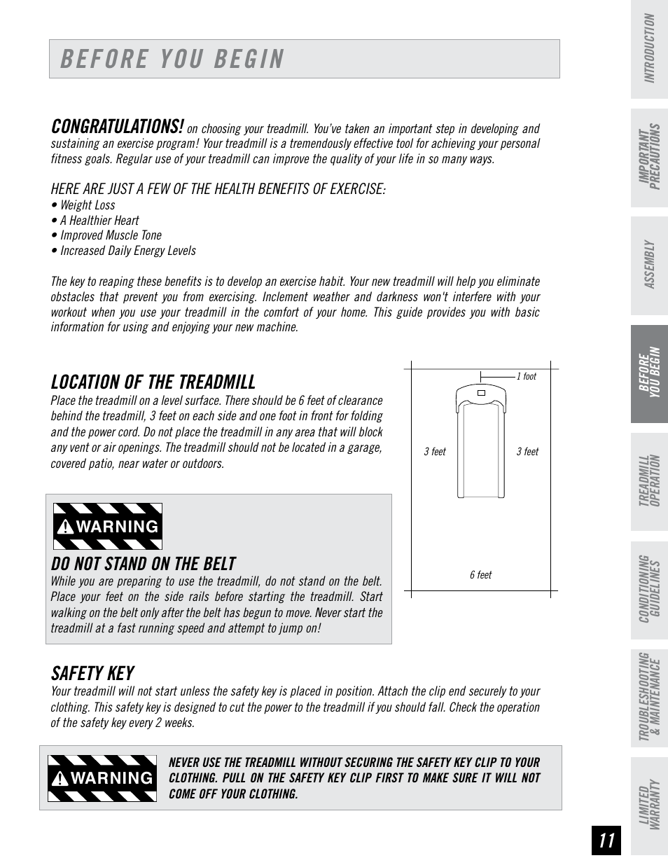 Before you begin, Location of the treadmill, Safety key | Do not stand on the belt, Warning | Horizon Fitness PERFORMANCE SERIES PST6 User Manual | Page 11 / 36