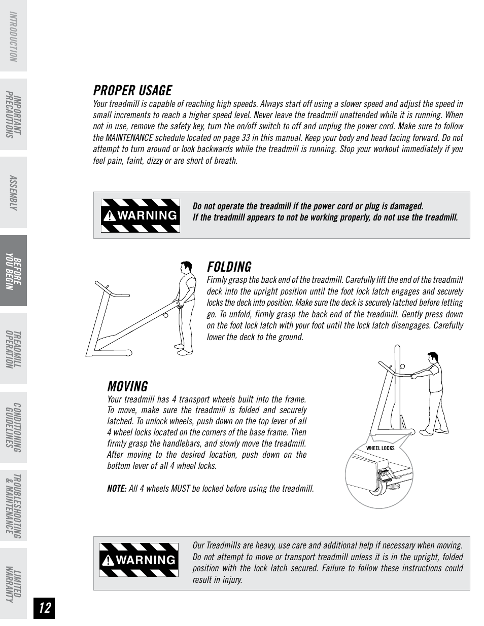 Proper usage, Folding, Moving | Warning | Horizon Fitness PERFORMANCE SERIES PST6 User Manual | Page 12 / 36