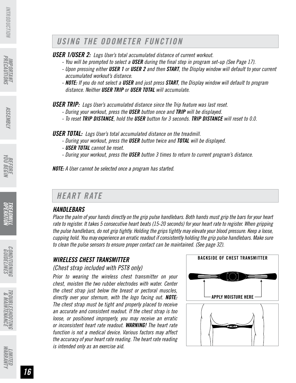 Using the odometer function heart rate | Horizon Fitness PERFORMANCE SERIES PST6 User Manual | Page 16 / 36