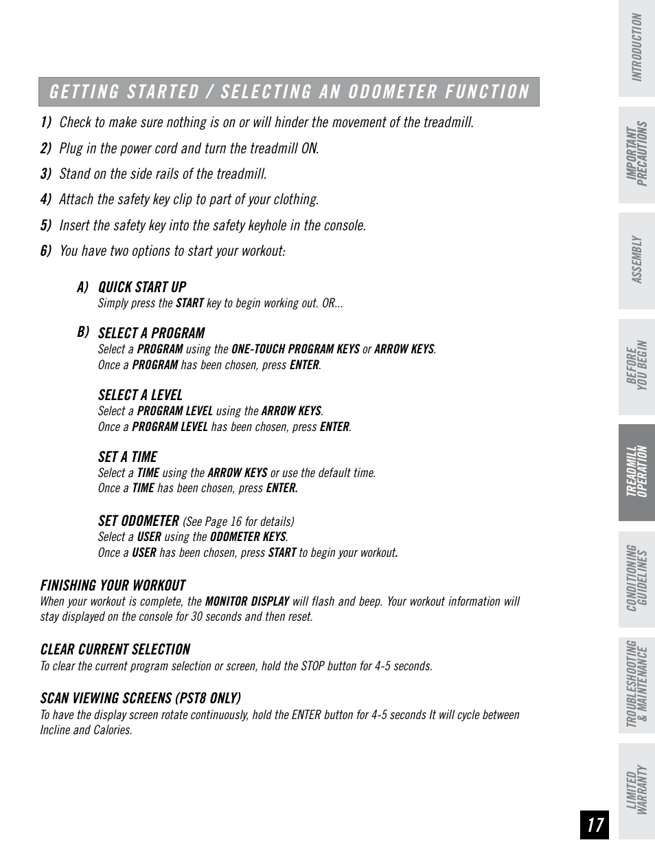 Getting started / selecting an odometer function | Horizon Fitness PERFORMANCE SERIES PST6 User Manual | Page 17 / 36