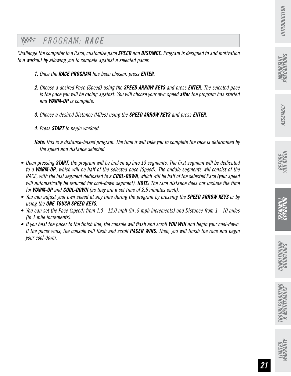 Program: race | Horizon Fitness PERFORMANCE SERIES PST6 User Manual | Page 21 / 36