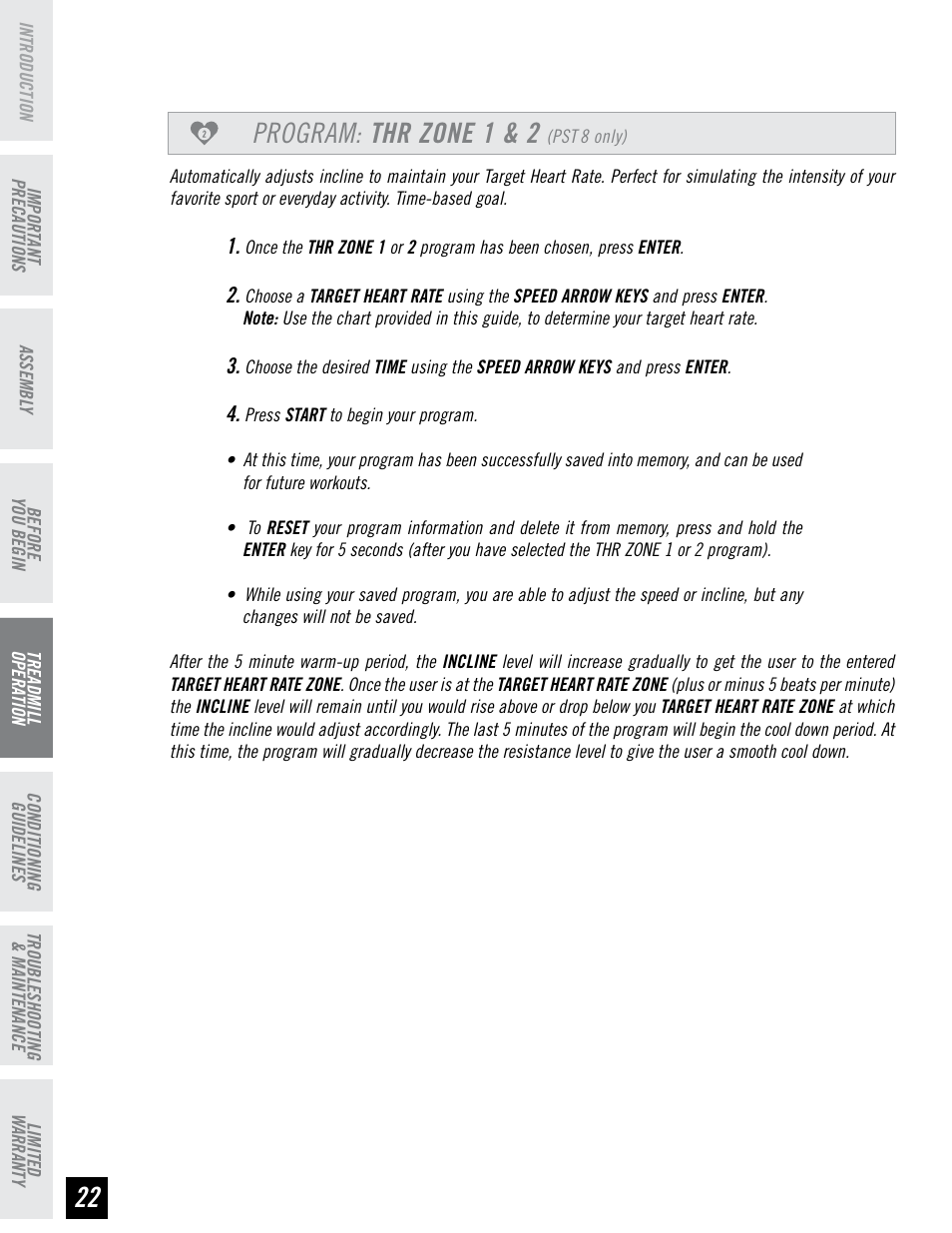 Program: thr zone 1 & 2 | Horizon Fitness PERFORMANCE SERIES PST6 User Manual | Page 22 / 36