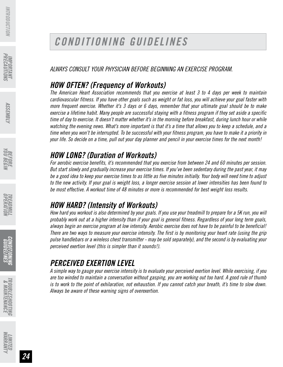 Conditioning guidelines, How often? (frequency of workouts), How long? (duration of workouts) | How hard? (intensity of workouts), Perceived exertion level | Horizon Fitness PERFORMANCE SERIES PST6 User Manual | Page 24 / 36