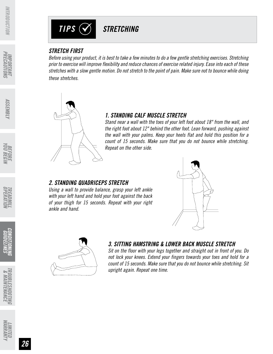 Tips, Stretching | Horizon Fitness PERFORMANCE SERIES PST6 User Manual | Page 26 / 36