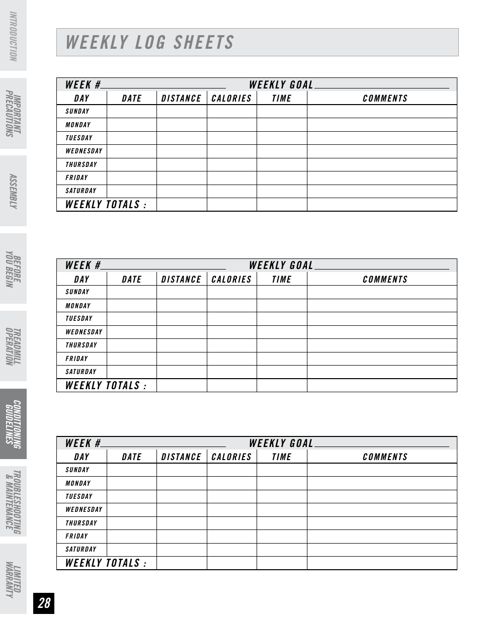 Weekly log sheets | Horizon Fitness PERFORMANCE SERIES PST6 User Manual | Page 28 / 36