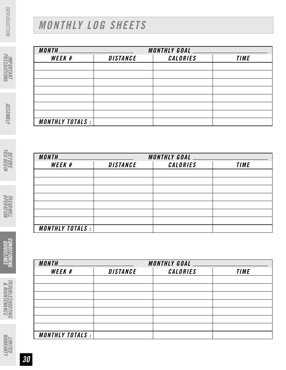 Monthly log sheets | Horizon Fitness PERFORMANCE SERIES PST6 User Manual | Page 30 / 36