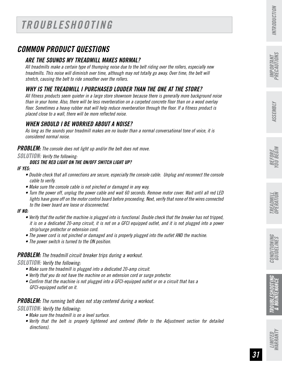 Troubleshooting, Common product questions | Horizon Fitness PERFORMANCE SERIES PST6 User Manual | Page 31 / 36