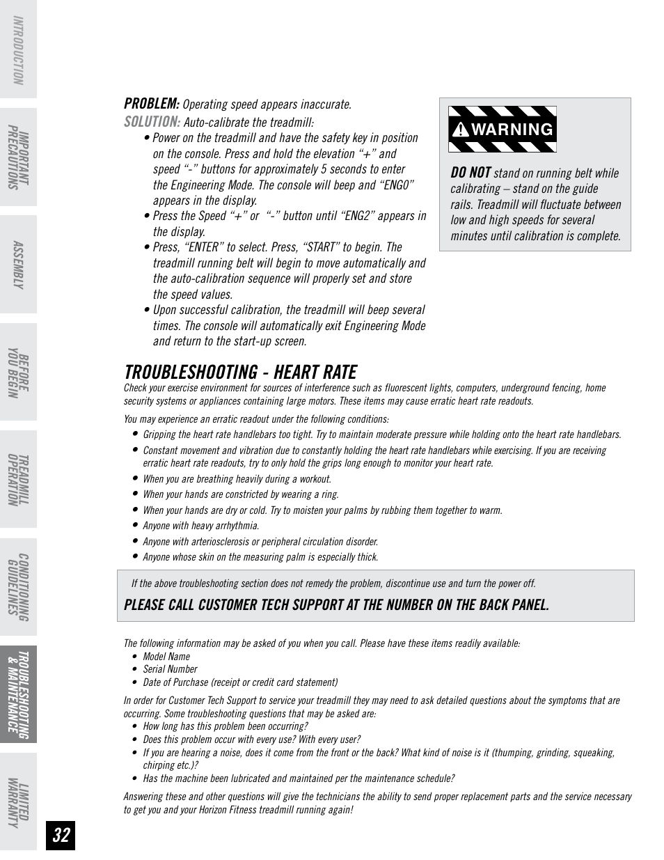 Troubleshooting - heart rate, Warning | Horizon Fitness PERFORMANCE SERIES PST6 User Manual | Page 32 / 36