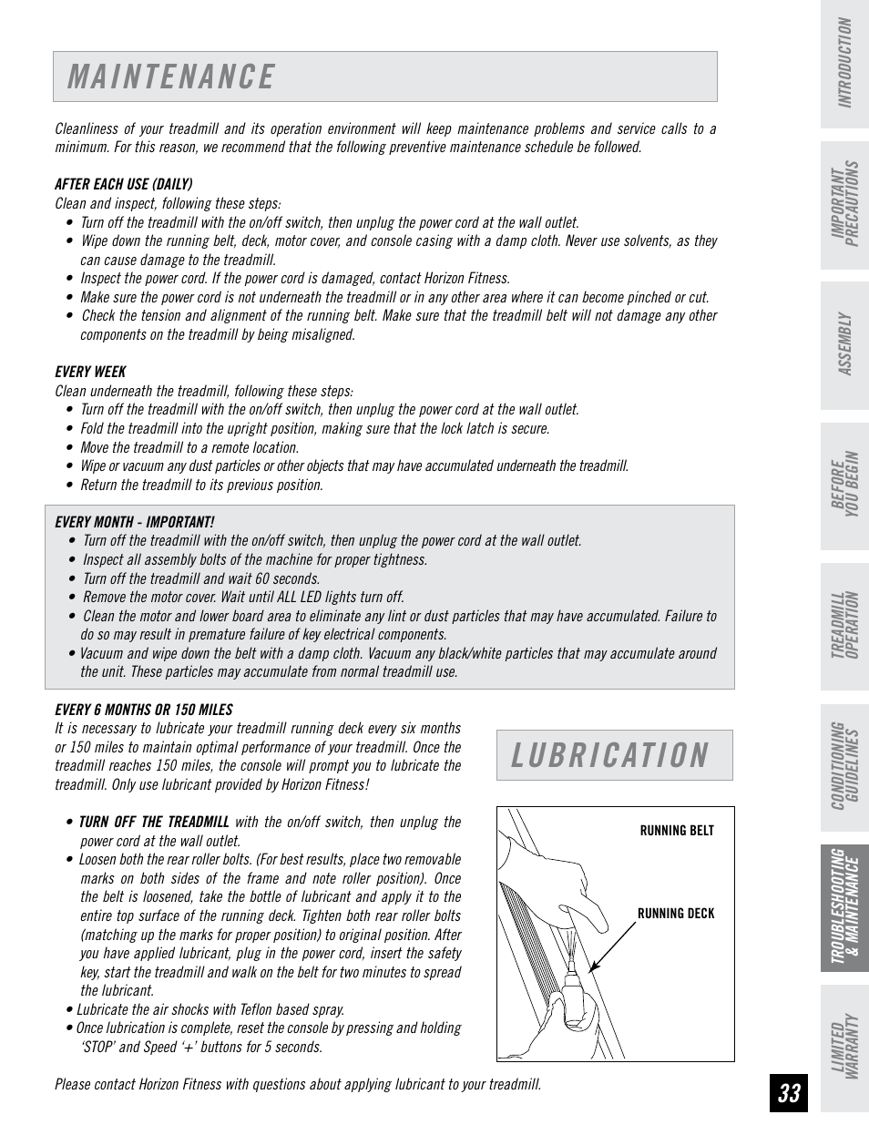 Maintenance, Lubrication | Horizon Fitness PERFORMANCE SERIES PST6 User Manual | Page 33 / 36