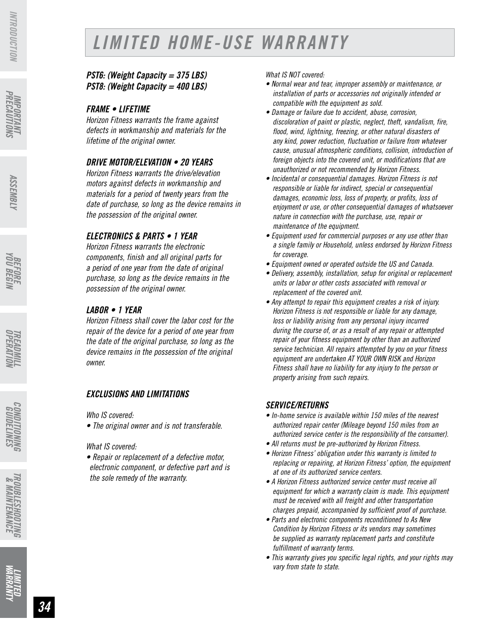 Limited home-use warranty | Horizon Fitness PERFORMANCE SERIES PST6 User Manual | Page 34 / 36