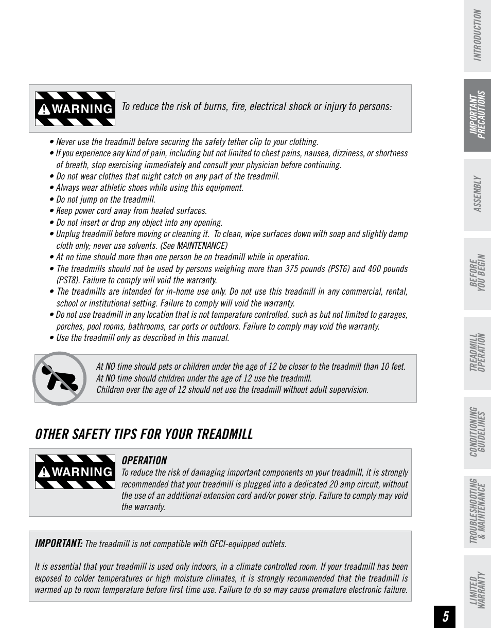 Other safety tips for your treadmill, Warning | Horizon Fitness PERFORMANCE SERIES PST6 User Manual | Page 5 / 36