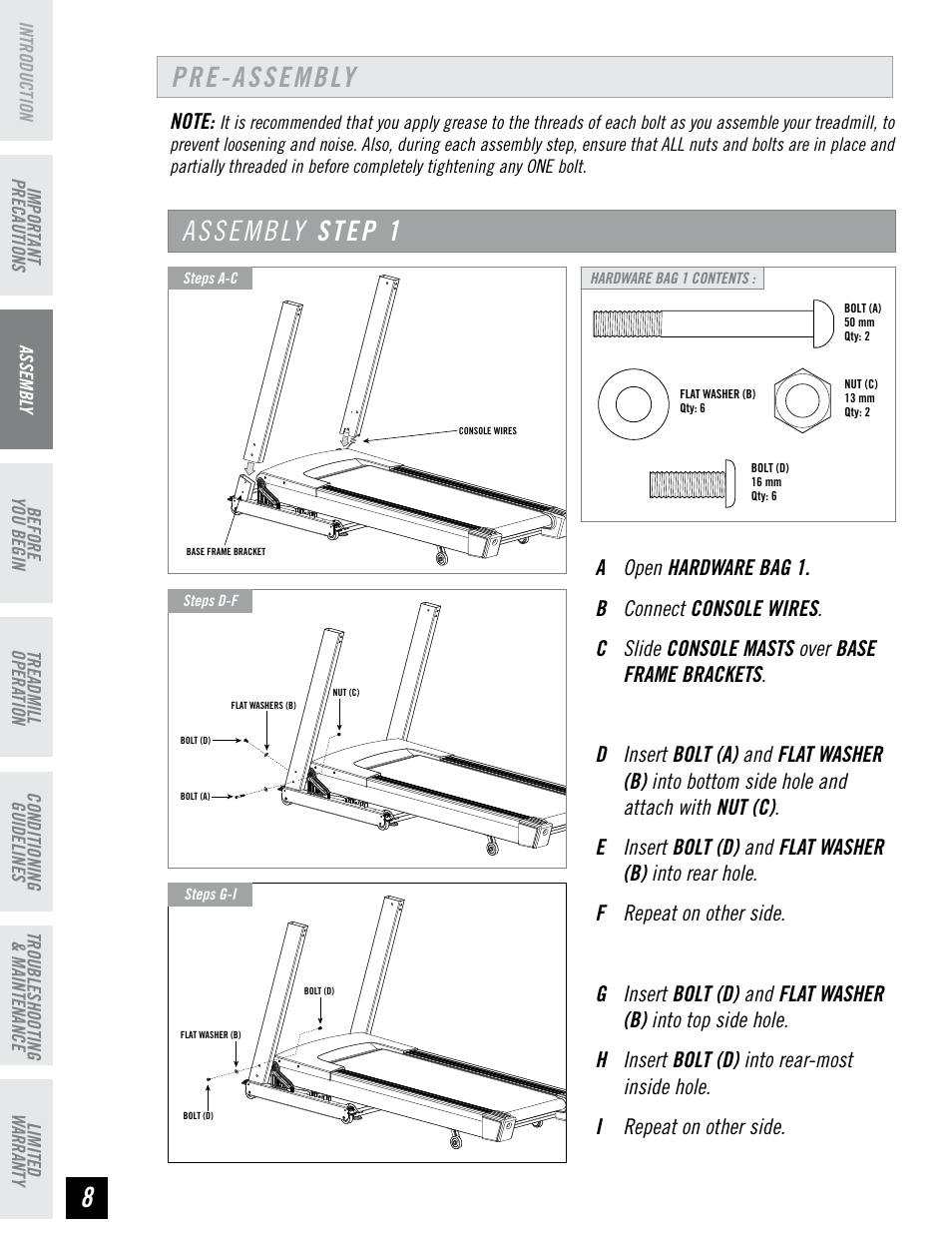 Pre-assembly, Assembly step 1 | Horizon Fitness PERFORMANCE SERIES PST6 User Manual | Page 8 / 36