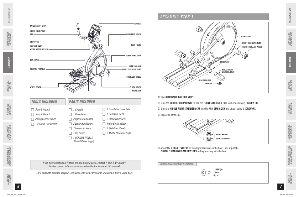 Tools included parts included, Assembly step 1 | Horizon Fitness SXE 7.7 User Manual | Page 4 / 19