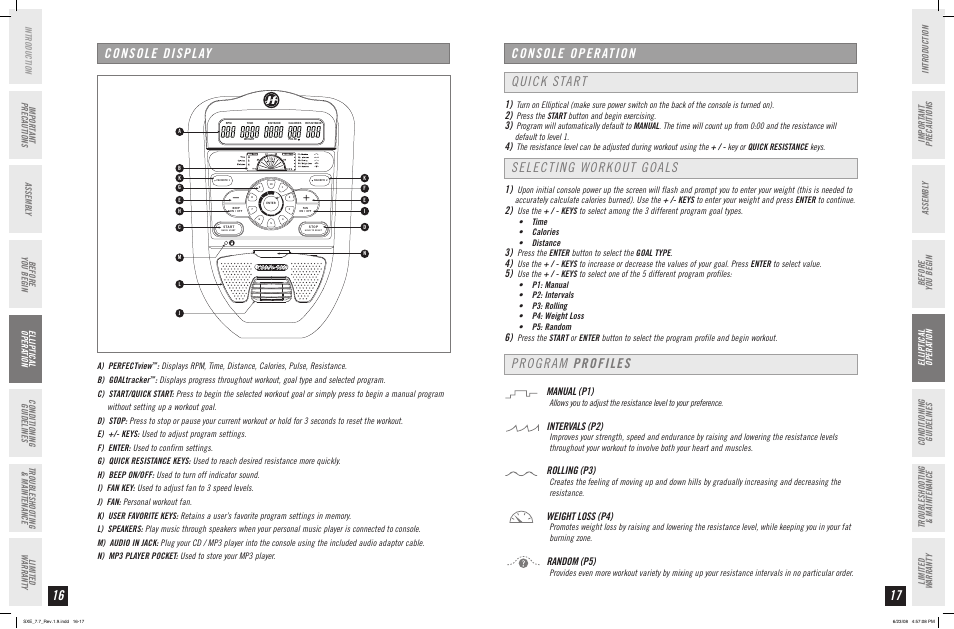 Console display, Console operation, Quick start selecting workout goals | Program profiles, Manual (p1), Intervals (p2), Rolling (p), Weight loss (p), Random (p), Before you begin | Horizon Fitness SXE 7.7 User Manual | Page 9 / 19