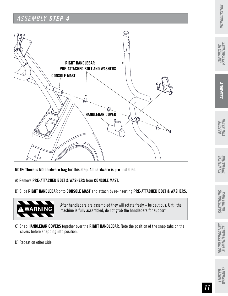 Assembly step, Warning | Horizon Fitness EX-76 User Manual | Page 11 / 44