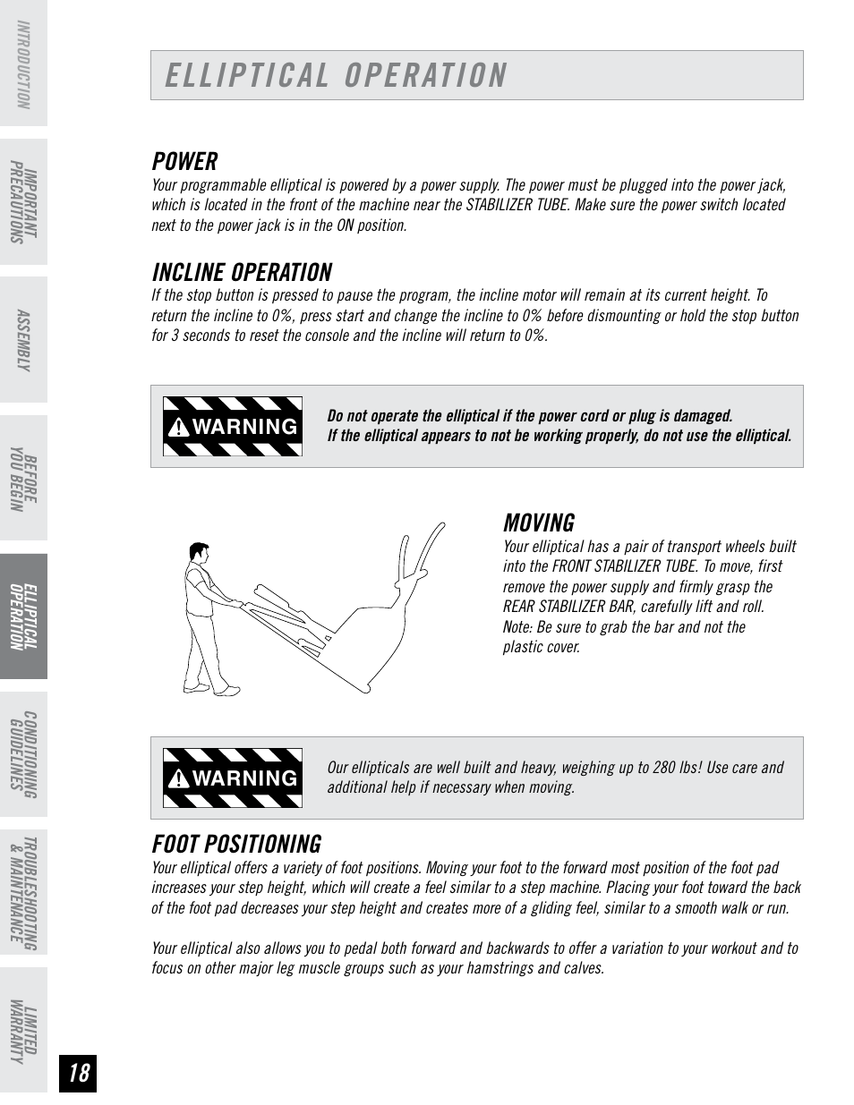 Elliptical operation, Power, Incline operation | Moving, Foot positioning, Warning | Horizon Fitness EX-76 User Manual | Page 18 / 44