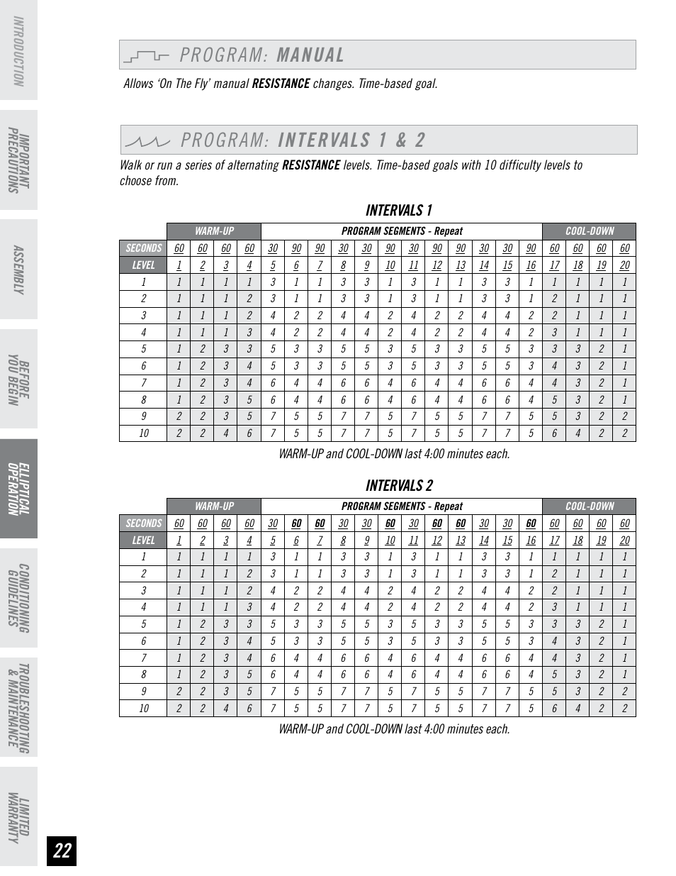 Program: intervals 1 & 2, Program: manual, Intervals 1 | Intervals 2 | Horizon Fitness EX-76 User Manual | Page 22 / 44