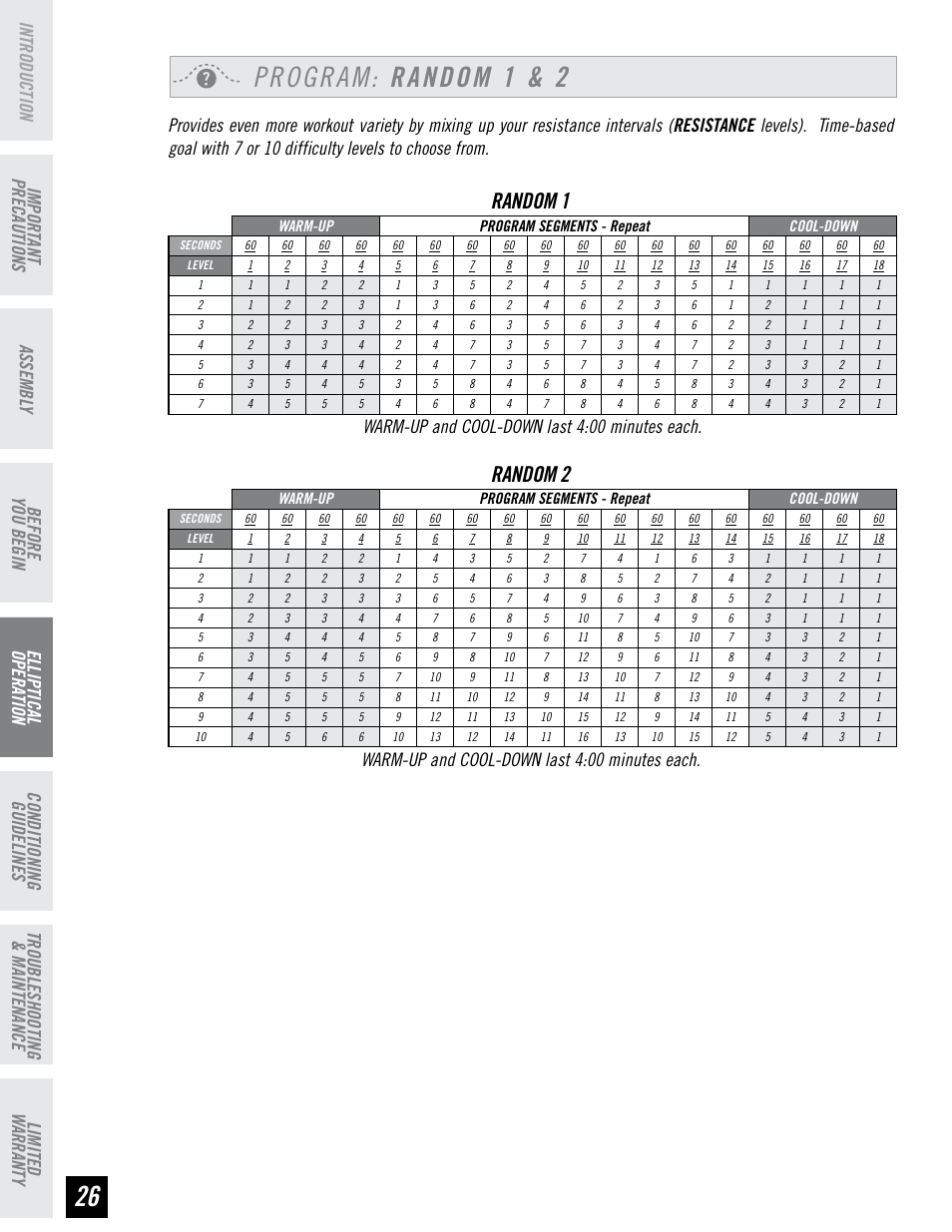 Program: random 1 & 2, Random 1, Random 2 | Before you begin, Warm-up and cool-down last 4:00 minutes each | Horizon Fitness EX-76 User Manual | Page 26 / 44