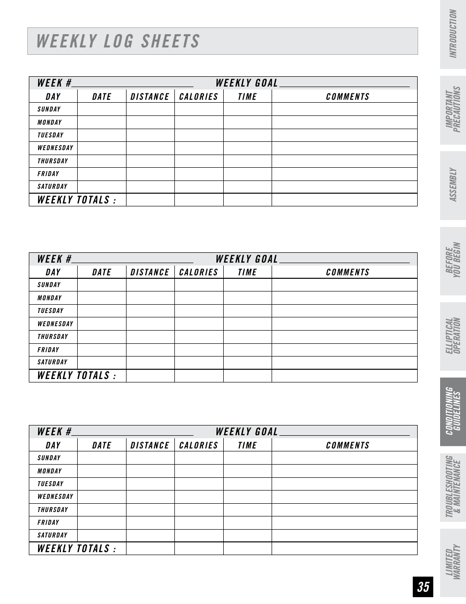 Weekly log sheets | Horizon Fitness EX-76 User Manual | Page 35 / 44