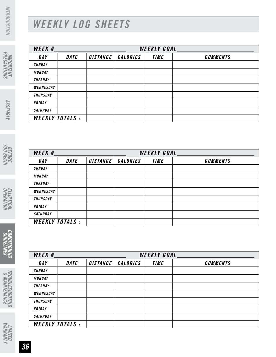 Weekly log sheets | Horizon Fitness EX-76 User Manual | Page 36 / 44