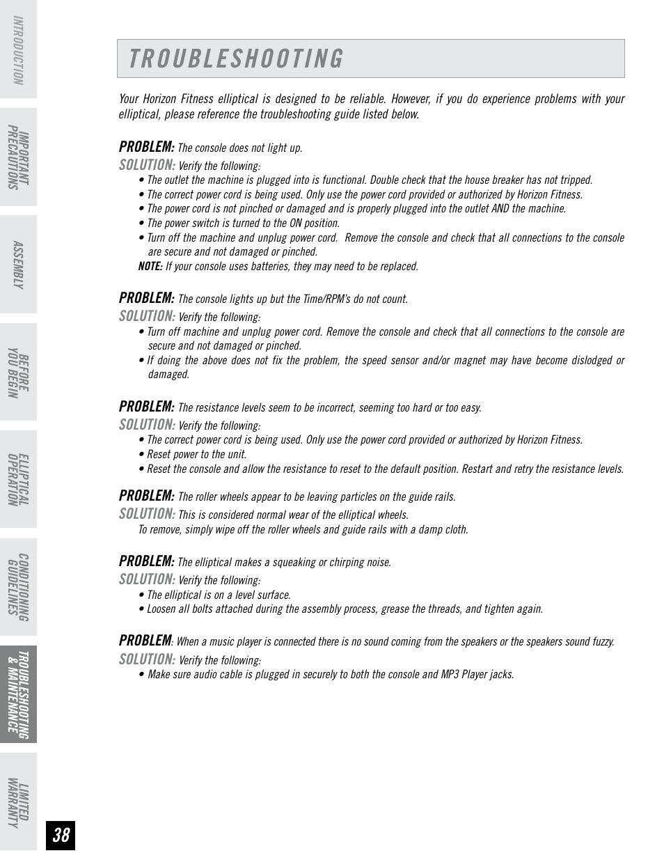 Troubleshooting | Horizon Fitness EX-76 User Manual | Page 38 / 44