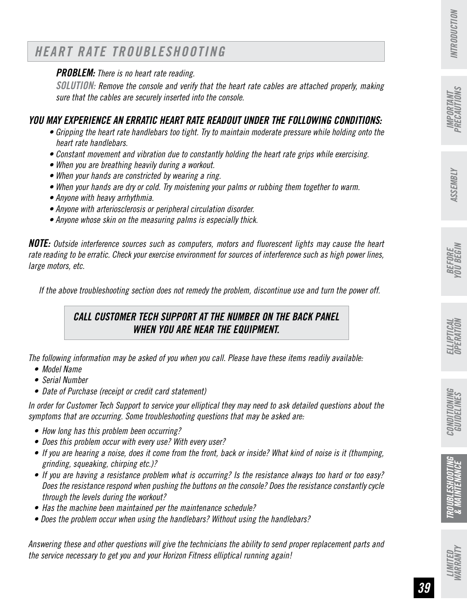 Heart rate troubleshooting | Horizon Fitness EX-76 User Manual | Page 39 / 44