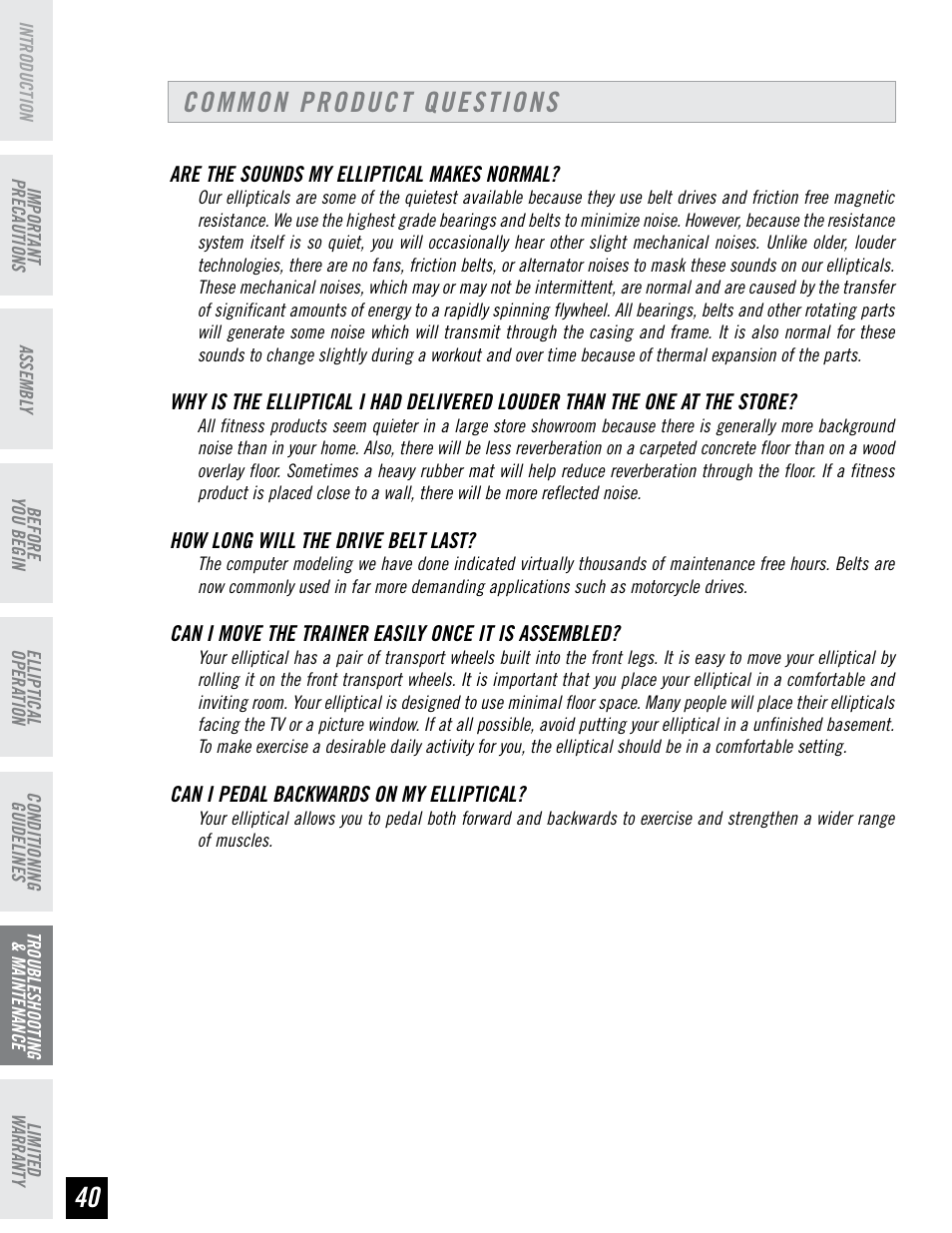 Common product questions | Horizon Fitness EX-76 User Manual | Page 40 / 44