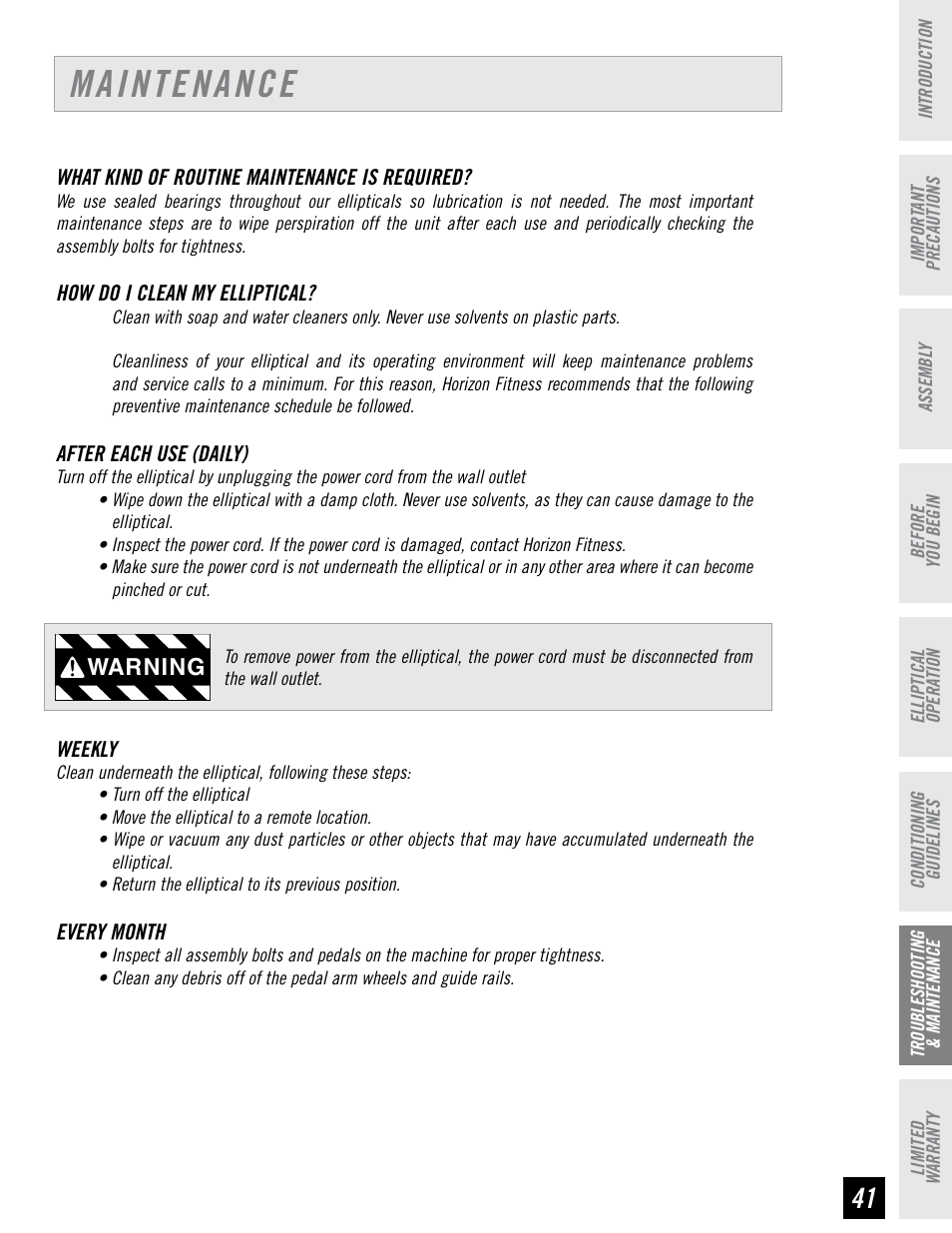 Maintenance, Warning | Horizon Fitness EX-76 User Manual | Page 41 / 44