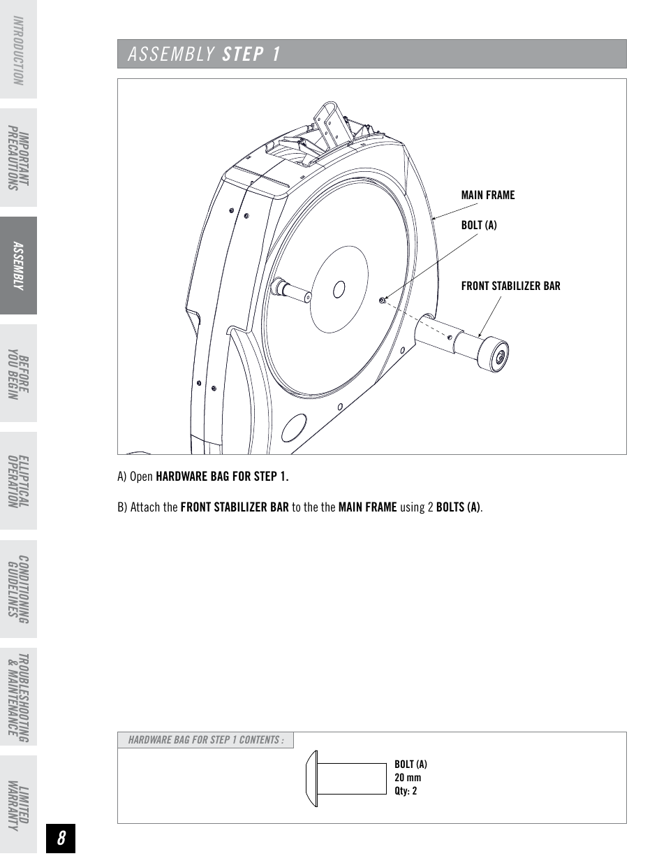 Assembly step 1 | Horizon Fitness EX-76 User Manual | Page 8 / 44