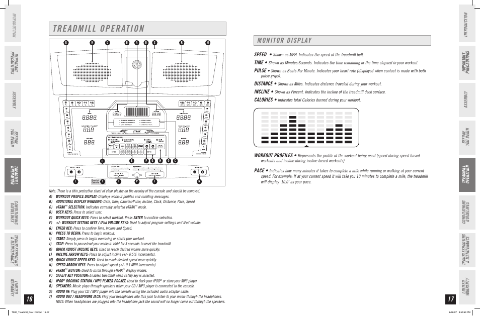 Treadmill operation, Monitor display, Speed | Time, Pulse, Distance, Incline, Calories, Workout profiles, Pace | Horizon Fitness T900 User Manual | Page 9 / 19