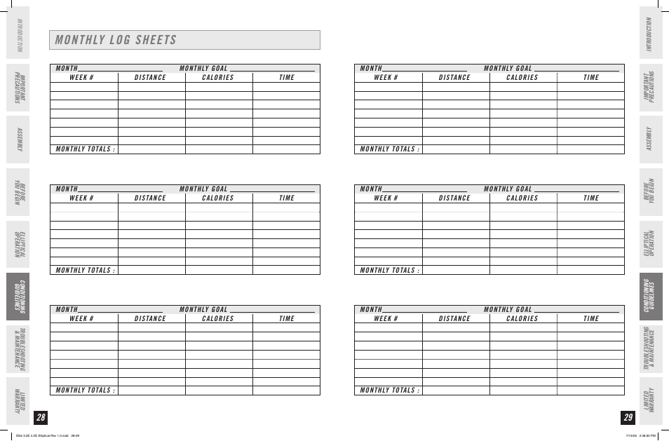 Monthly log sheets | Horizon Fitness ELITE 4.2E User Manual | Page 15 / 19