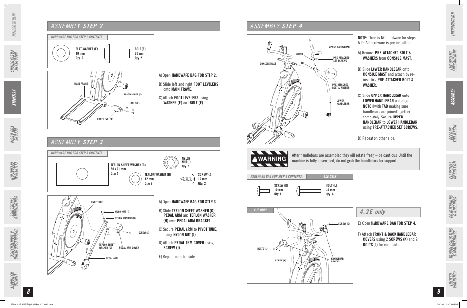 Assembly step 2, Assembly step 3, Assembly step 4 | 2e only, Warning | Horizon Fitness ELITE 4.2E User Manual | Page 5 / 19