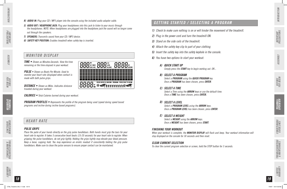 Monitor display heart rate, Getting started / selecting a program | Horizon Fitness CT83 User Manual | Page 10 / 19